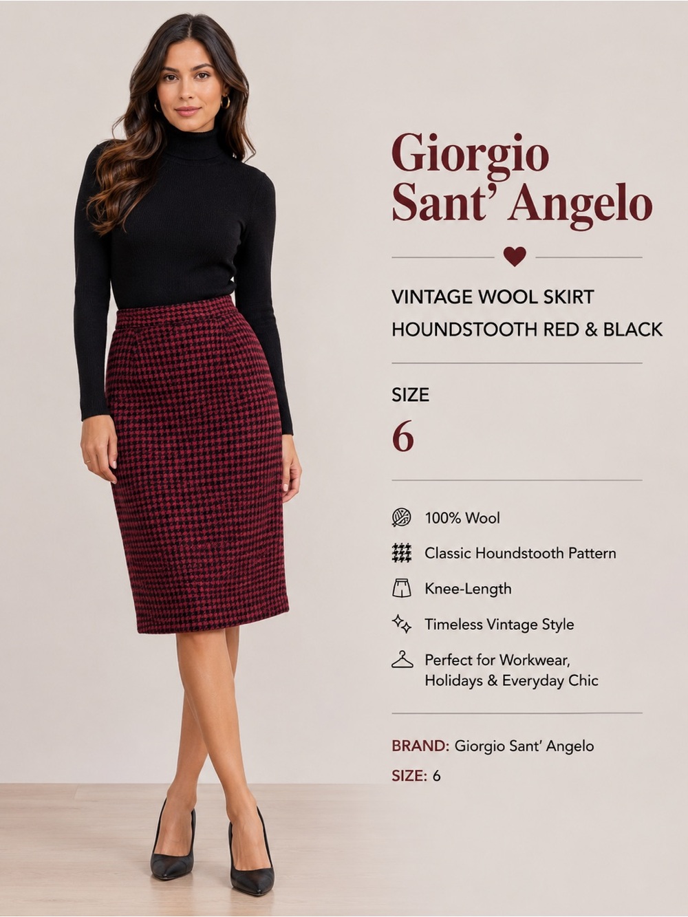 Vintage Giorgio Sant'Angelo Wool Skirt Houndstooth Red & Black/size 6